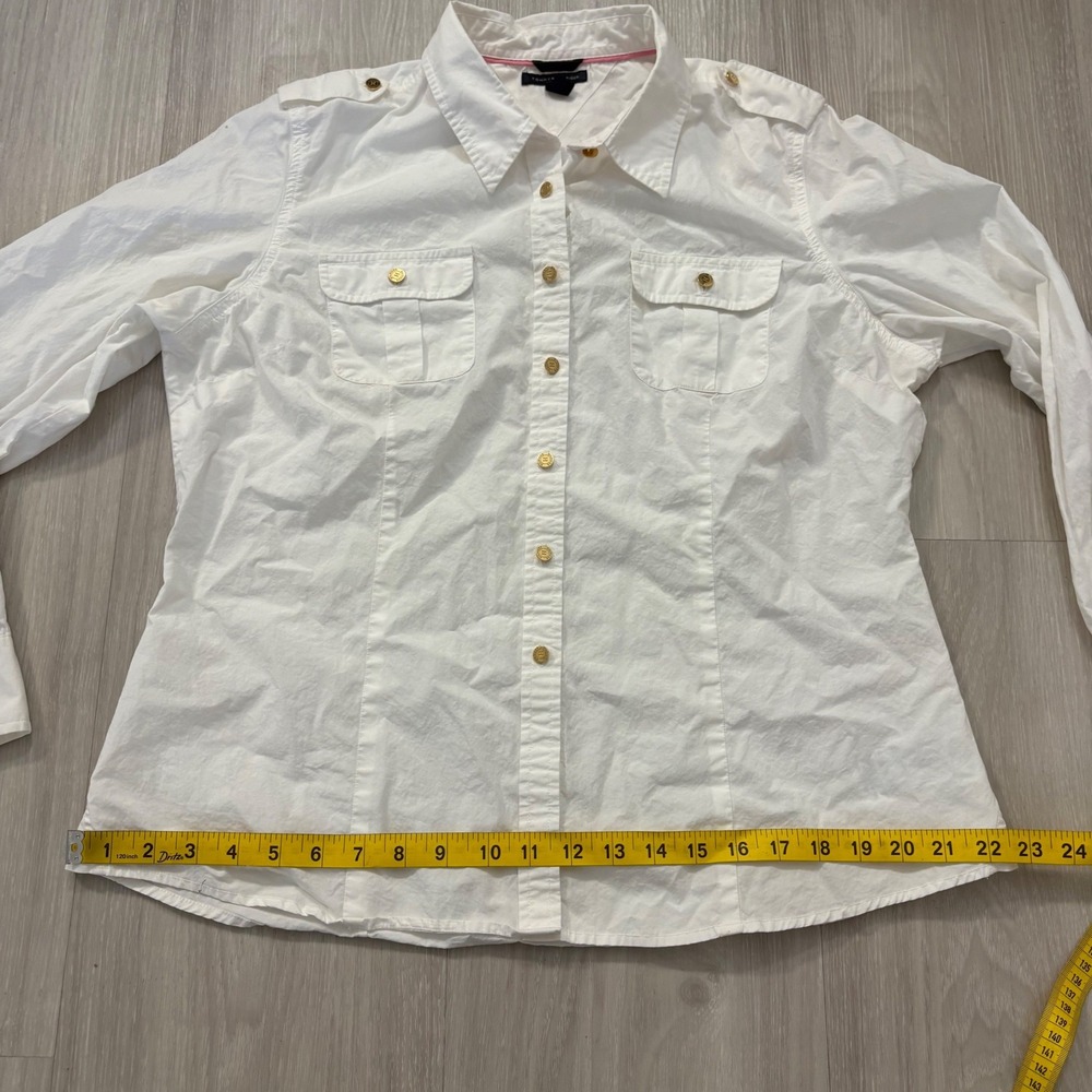 Tommy Hilfiger Womens Shirt White Button Down Utility Gold Buttons Epaulets XL - Picture 7 of 16
